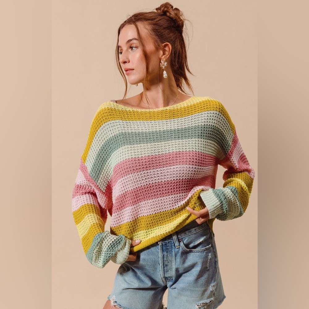 SO ME Multi Color Stripe Open Weave Light Sweater